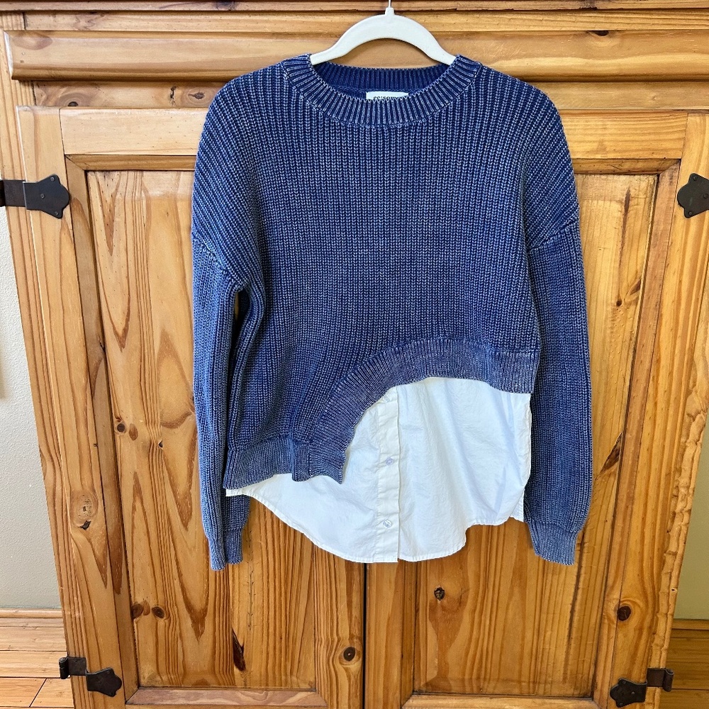 ee: some Asymmetrical Sweater Layered Shirt‎ Blue White Cotton Women's Medium